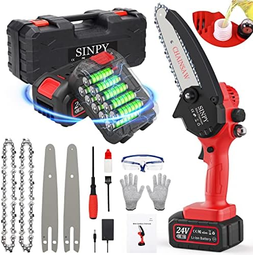 Mini-Chainsaw 6 Inch Cordless-Chainsaw with 2*3000mAh Battery 24V Electric Chainsaw with Oiler System and Security Lock Handheld Small Chain Saw for Wood Cutting Tree Trimming Gardening