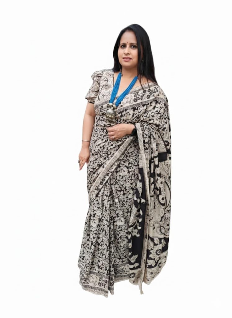 maalti Kalamkari Monochrome Cotton Saree-picture-20
