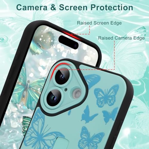 Image of for iPhone 16 Case with Finger Strap Holder, Cute Cool Butterfly Print Pattern Design for Women Men, Shockproof Anti Scratch Hand Kickstand Protective Cover, Green