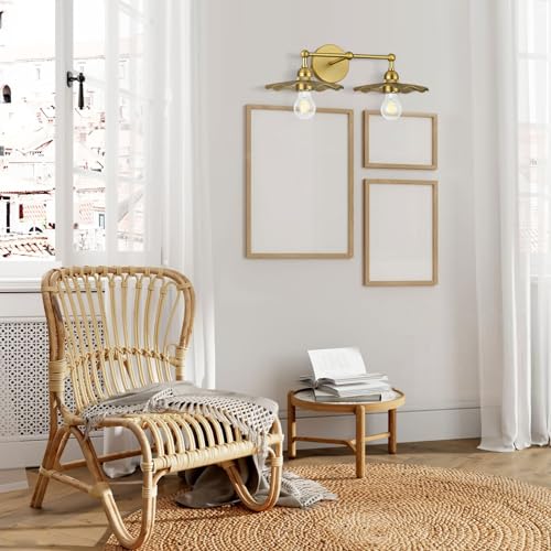 Image of Vintage Brass Bathroom Light Fixtures, 2-Light Flower Wall Sconce with Decorative Lotus Petal Metal Shades, Industrial Bathroom Vanity Light for Mirror, Bedroom, and Hallway