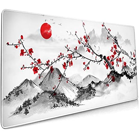 Extended Large Gaming Mouse Pad 35.4 X 15.7 Inch XXL Full Desk Japanese Art Style Cherry Blossom & Sakura Mousepad Non-Slip Rubber Base Big Keyboard Mat with Stitched Edges for Home Office Cover