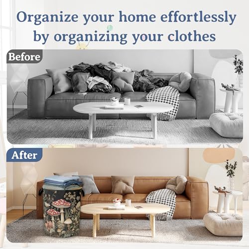 Image of Red Mushrooms Laundry Basket,Foldable Waterproof Oxford Cloth Tote Bag Wildflower Plant Berries Laundry Hamper with Handles,20.8 inchx16 inch Clothes Storage Bucket Organizer for Laundry Room Bathroom Bedroom