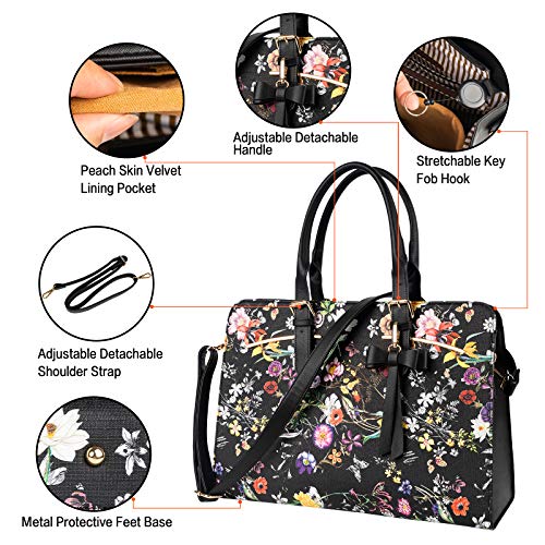 Laptop Bag For Women, Large Capacity Shoulder Bags Waterproof Pu Leather Briefcase Work Tote With Usb Charging Port For 15.6 Inch Computer, Fashion Business Office Handbag Purse 2Pcs Set, Black Flower #TOP4
