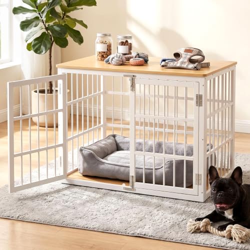 Image of NEWBULIG 38 Inch Dog Crate Furniture for Small Dogs, Space Saving Pet House End Table with Double Lock Door, Heavy Duty Indoor Kennel for Living Room, White & Wood