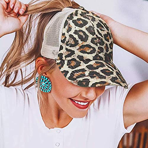 Promindfun Womens Ponytail High Messy Bun Hats Distressed Baseball Caps Unconstructed Washed Dad Hat Girls Trucker Ponycaps (10-Brown Leopard) #TOP1