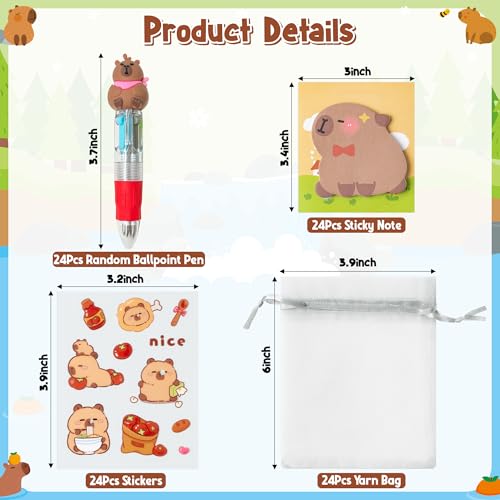 CY2SIDE Capy Stationery Party Gift - 12 Pack Back to School Gift Set with Fun Animal 4-in-1 Ballpoint Pen Sticky Note Sticker and Organza Capy Birthday Party Favor Goodie Bag Fillers Classroom Prizes - image 3