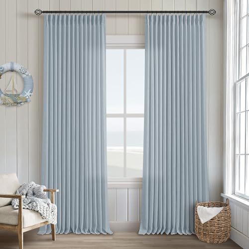 Blue Grey 90 Inch Linen Curtains Pinch Pleated for Living