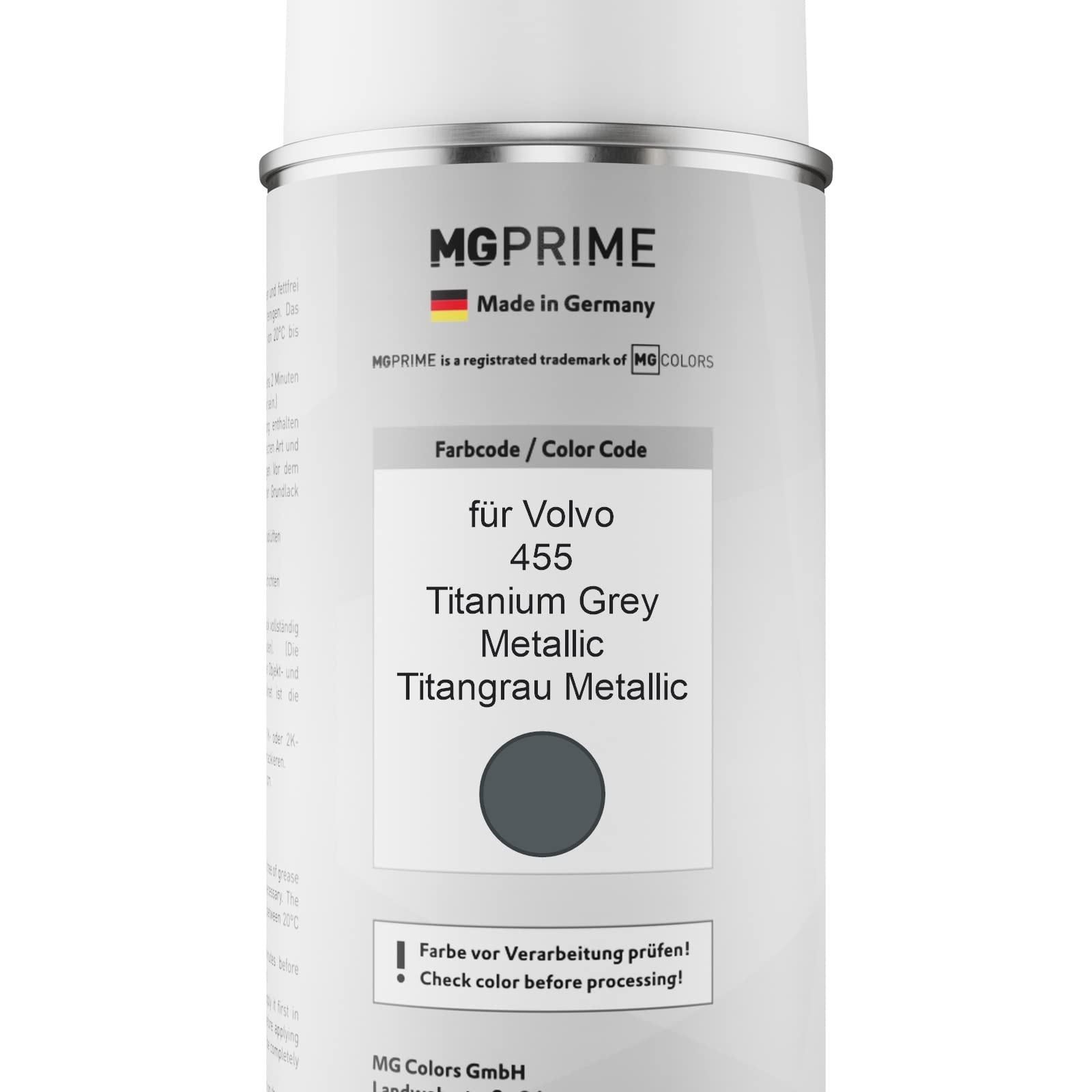 Kit Vernice Spray MG PRIME Per Volvo 455 Titanium Grey Metallic, 400 Ml Base + 400 Ml Trasparente, Made In Germany