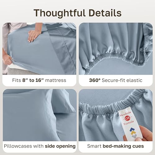 Image of California Design Den Queen Bed Sheet Set - Luxury 600 Thread Count Sateen, 100% Cotton Sheets Queen Size Set, Deep Pockets, Soft, Crisp and Durable Bedding - Sky Blue