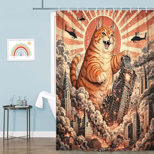 Image of Funny Chubby Orange Cat Monster Shower Curtain, Vintage Japanese Sunset Cityscape Anime Bathroom Decor, Waterproof Fabric Bath Curtain, Fun Animal Shower Curtain for Kid Bathroom, 72x72 Inches