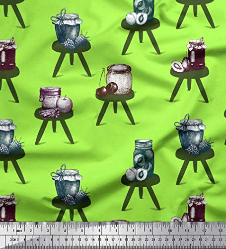 Soimoi Cotton Cambric Green Fabric - by The Yard - 42 Inch Wide - Stool & Jam Jar Fruits Print Material - Homely Vibes with Stools and The Sweetness of Jam Jars Printed Fabric