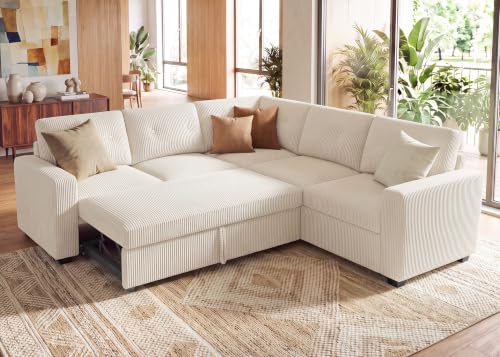 Image of HONBAY Corduroy Sectional Sleeper Sofa with Pull Out Bed, 5 Seaters 83.4 Inch Setional Couch for Living Room Apartment, Beige