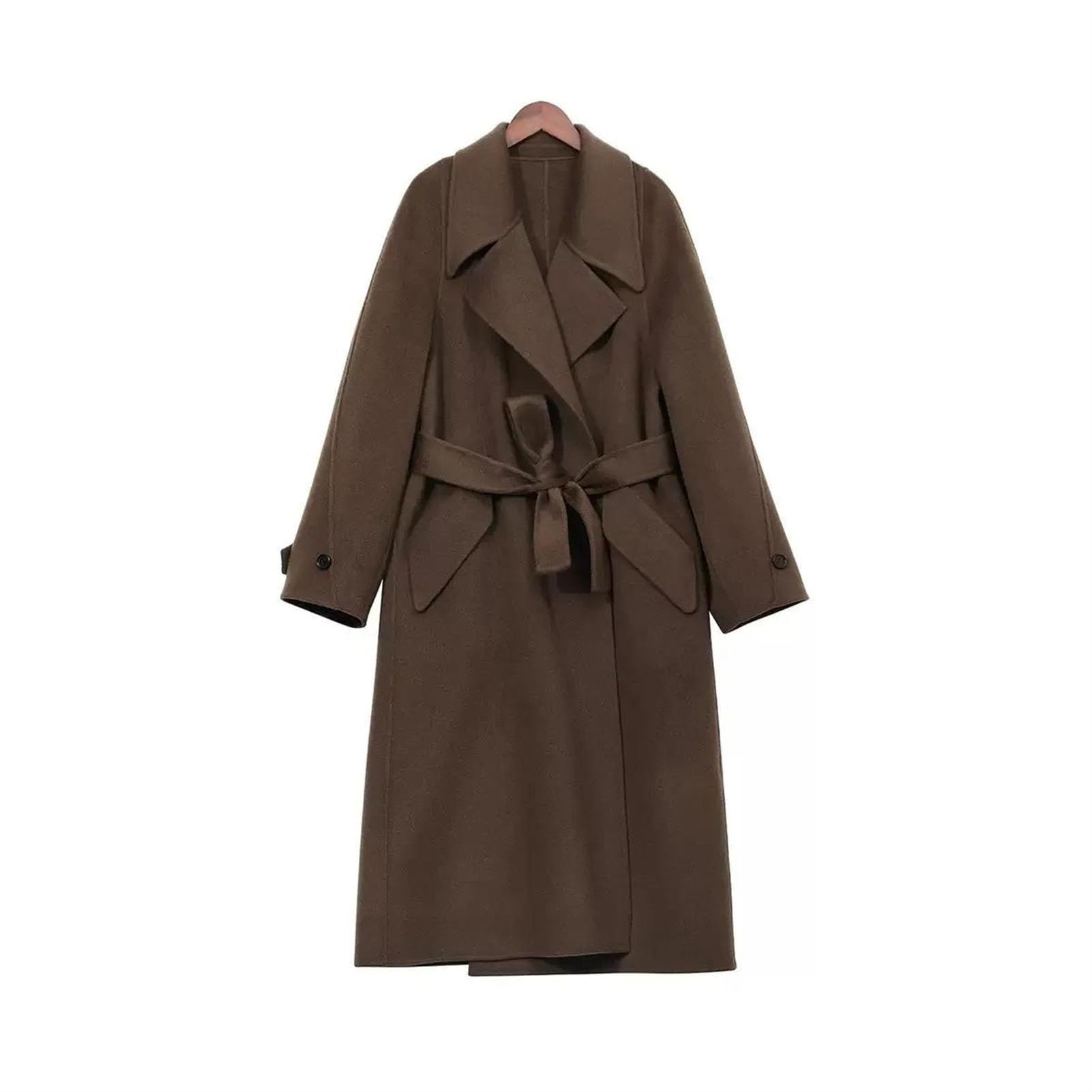 Womens Casual Thick Long Double-Sided Woolen Trench Coat Belted Closure Outerwear With Pockets