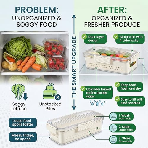 Image of Divided Fridge Storage Boxes With Serving Veggie Tray with Lid and Handle, Fridge Organizer with Removable Compartment, Fridge Storage Containers (2 in 1 Fridge Container)
