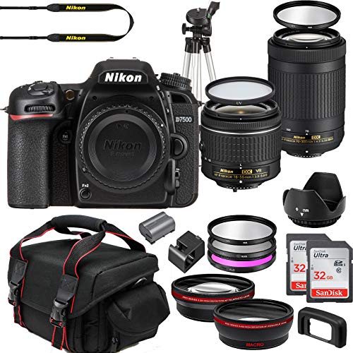 Nikon D7500 DSLR Camera 2 Lens Kit with 18-55mm VR + 70-300mm Zoom Lens + Deluxe Starter Bundle Including 2 32GB Sandisk SD Memory Cards, Wide Angle and Telephoto Lens, Gadget Bag Plus More