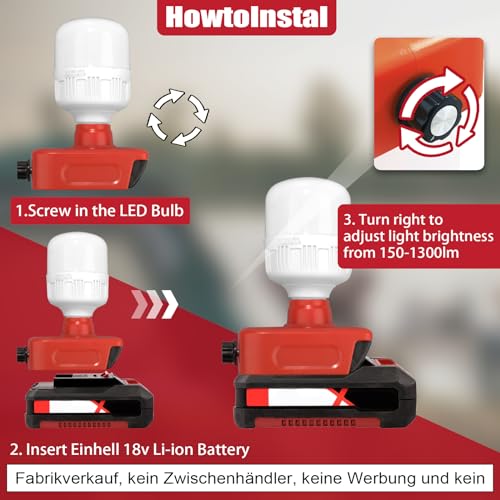 TPDL Akku Lampe für Einhell Power X-Change 18V, 12W Arbeitsleuchte mit E27 Bulbs, Einstellbares 150-1300LM LED Strahler, Einstellbare Helligkeit Taschenlampe Baustellenlampe