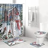 APROPHIC Christmas Snowman Shower Curtain Sets with Rugs for Bathroom Decor, Non-Slip Absorbent Rug, U-Shaped Bath Mat, Toilet Lid Cover, Cardinal Xmas Winter 4 Piece Bathroom Sets with Hooks, 72x72