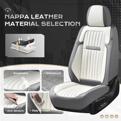 Image of Coverado Car Seat Covers Front Seats, Seat Covers for Cars, Car Seat Protector, 2-Pack Car Seat Cushion Nappa Leather, Waterproof Seat Covers Carseat Cover Universal Fit for Most Cars(Gray&White)