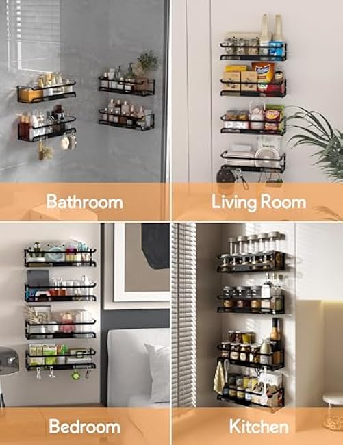 Spice Rack Wall Mount with Hooks - Spice Racks Organizer for Cabinet Storage, Wall Mounted Hanging Shelf Seasoning Organizer, for Kitchen, Pantry Door, Bathroom (Black, 4 Pack)
