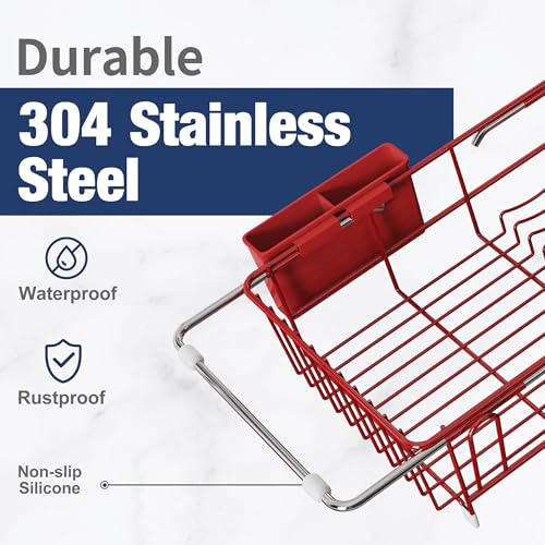 Image of JASIWAY Red Dish Drying Rack in Sink with Mat, Cups and Utensil Holder