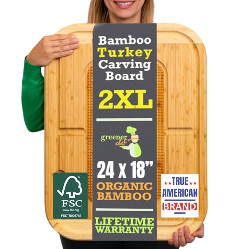 GREENER CHEF 24 Inch 2XL Organic Meat Carving Board with Lifetime Replacements - Wooden Butcher Block with Pour Spout, Turkey Platter for Holidays, Meat Cutting Board