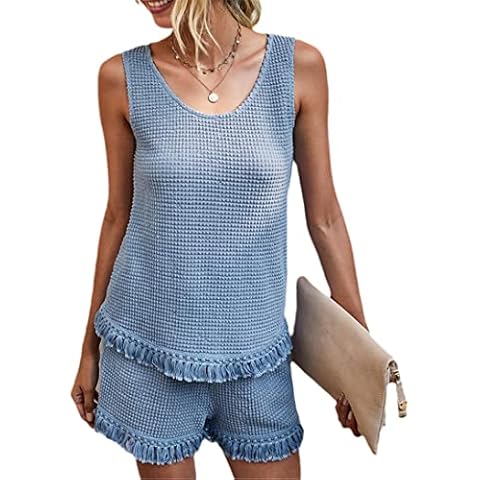 Summer Beach Two Piece Set Women Tassel Tracksuit Loungewear Casual Sleeveless Tops + Slim Shorts Suit Blue L Cover