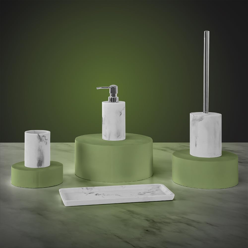 Set Accessori Bagno 2 Pezzi Linea Ivy Dispenser Sapone E Portaspazzolino Finitura Effetto Marmo Bianco In Resina Durevole Da Appoggio