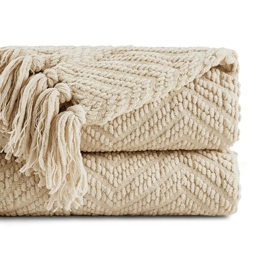 BATTILO HOME Beige Throw Blanket for Couch, Knitted Beige Throw for Bed, Neutral Throw Blankets Tan Throw Blanket for Room Decor Housewarming Gifts, 50' x 60'