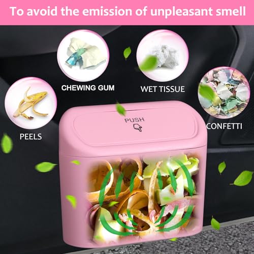 Image of Accmor Car Trash Can with Lid, 2 Pack Pink Mini Vehicle Trash Bin Dustbin Garbage Organizer Holder with Trash Bag, Small Hanging Leakproof Auto Storage Bag Container for Car SUV Home Office