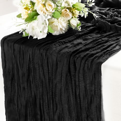 Black Cheesecloth Table Runner 10FT Cheese Cloth Gauze Rustic Dining Table Decor Runners Long for Bridal Shower Baby Party Birthday Wedding Decorations 1Pack 35x120 Inches
