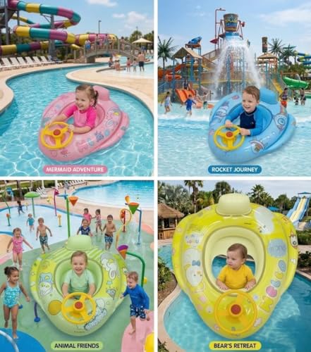 Image of Inflatable Baby Pool Float with Steering Wheel, Toddler Swim Ring Boat with Safety Seat & Leg Holes, Cute Airplane Water Toy for Infants & Kids Summer Outdoor Fun