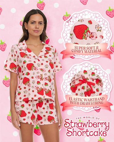 Strawberry Shortcake Women’s Pajama Set, Soft Stretchy Pajama Shorts & Short Sleeve,Notch Collar,Button Down Top2