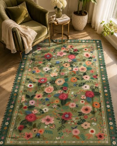 Image of RD TREND Carpet for Hall Digital Printed Carpet for Living Room 52x84 inch | Anti Slip Backing Rug for Bedroom Floor & Home Decor | Green Flower