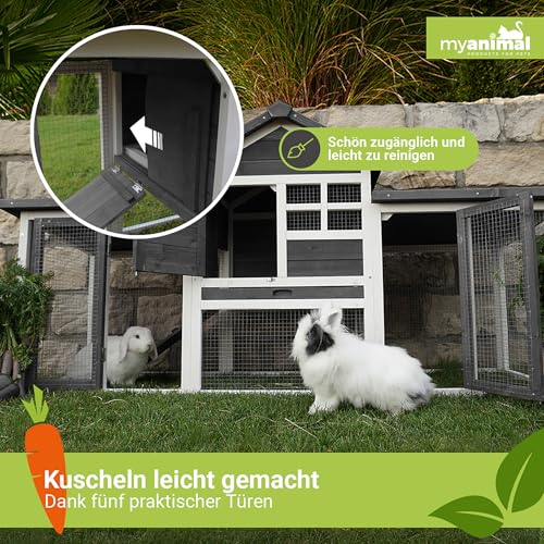 Miweba MyAnimal Hasenstall MH-31 | 181x60x95 cm - Kaninchenstall mit Freilaufgehege - Doppelstockhaus 2 Ebenen - Hasenkäfig - imprägniert - Kaninchenkäfig Winterfest - Indoor und Outdoor (Grau/Weiß)