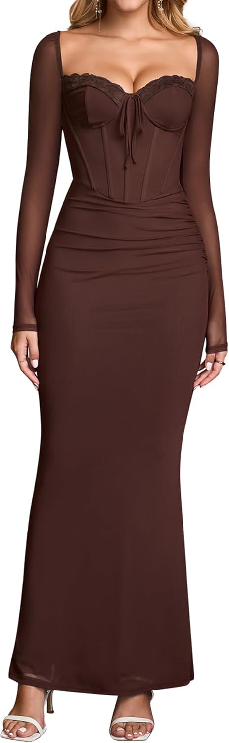 KUTUMAI Women Long Sleeve Lace Corset Formal Wedding Guest Dress Bodycon Ruched Mesh Cocktail Maxi Dresses