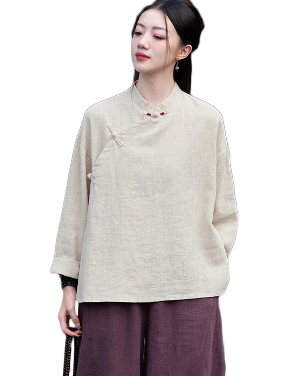 Women's Cotton Linen Shirt Long Sleeve Retro Chinese Traditional Frog Button Tops Blouse