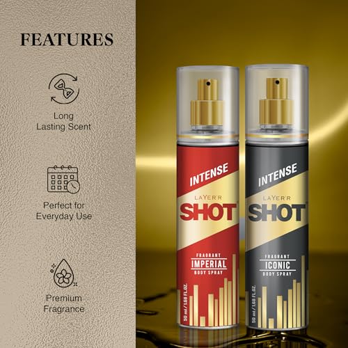 Image of Layer'r Shot Gold Imperial & Gold Iconic Body Spray Combo for Men, Pack of 4 (4x50ml) | Long-Lasting Fresh Ozonic Citrus & Spicy Woody Fragrance | Travel Size Deodorant | IFRA Certified