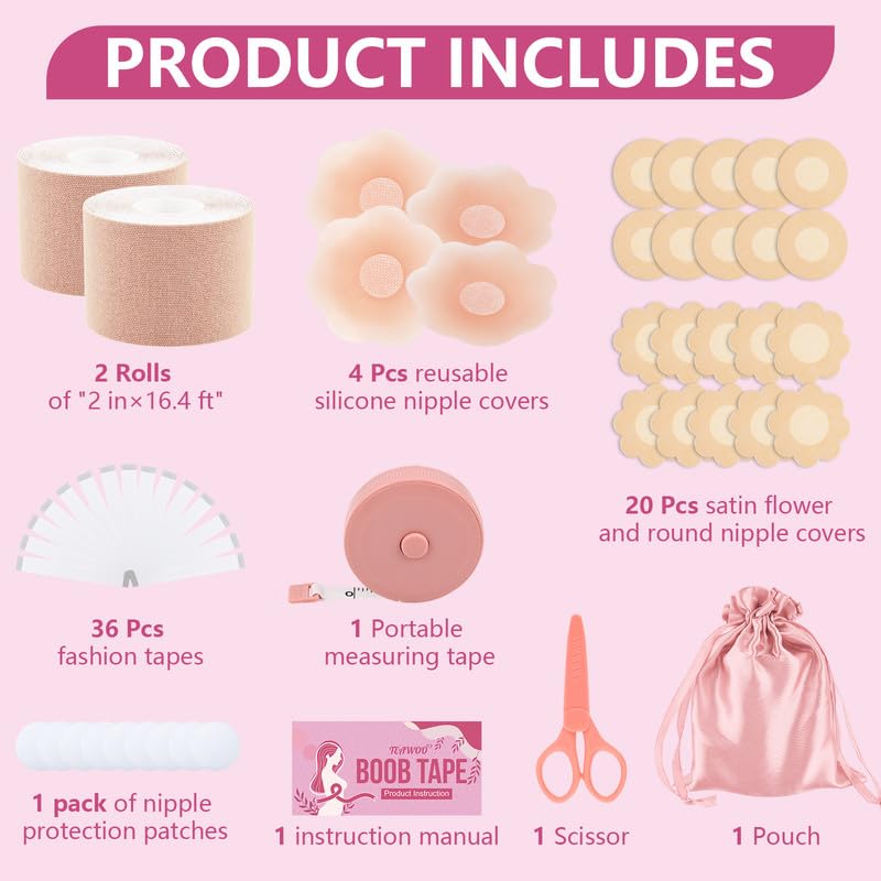 Boob Tape Kit - BoobTape for Breast Lift, 2 Body Tape, 4 PCs Silicone Breast Petals, 20 PCs Satin Nipple Stickers, 36 PCs Double Sided Tape, Boobtape for A-G (Crème)2