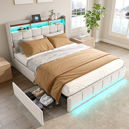 Cama doble acolchada de 180 x 200 cm con LED y carga USB, cama de almacenamiento con 4 cajones, cabecera con compartimento de almacenamiento, cama adolescente, cama adulto, lino, beige