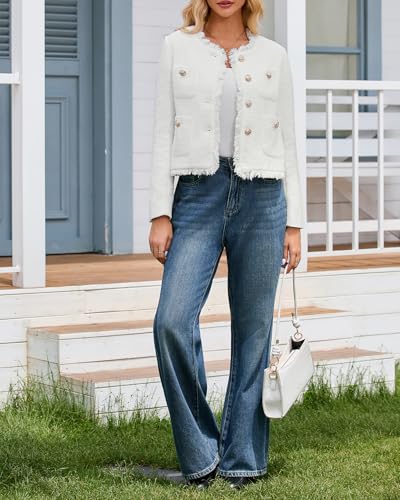 Cropped Tweed Blazer Jackets for Women Elegant Collarless Long Sleeve Button Down Work Office Blazer Jacket3