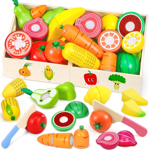 Subtail Frutas y Verduras Juguete Madera - Juguetes Montessori Niños 2 Años - Accesorios Cocina Juguete - Comida Juguete Cocinita Infantil - Juguete Juegos Educativos Niños 2 3 Años Regalo Niño Niña