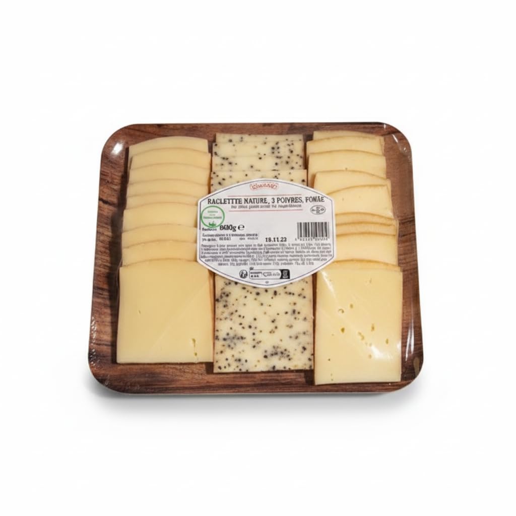Surtido de Queso Raclette Francés 800g - Pack 3 Sabores: Natural, 3 Pimientas y Ahumado - Lonchas Listas para Fundir - Queso de Pasta Prensada - NEXU