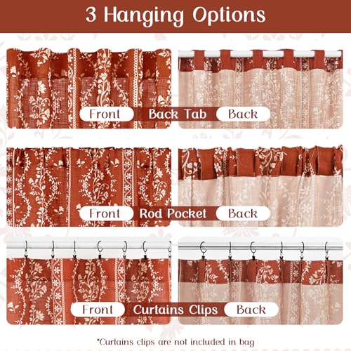 Image of Yinhua Boho Curtains for Living Room 63 Inch Length Vintage Linen Terracotta Curtains Light Filtering Floral Window Curtain Rod Pocket & Back Tabs Farmhouse Tassel Burnt Orange Drapes with Tiebacks
