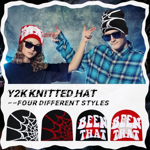 Image of Ramede 4 Pcs Y2k Beanie - Double Sided Graphic Beanies for Men and Women, Acrylic Knitted Y2k Hats Accessories