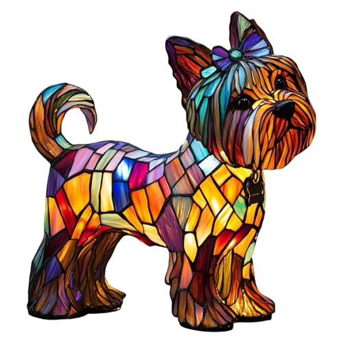 Dog Lamp Stained Glass - Retro Resin Yorkshire Terrier Tabletop Night Light with LED, 3D Tiffany Style Cute Pet Animal Lamps for Home Office Decor, Gift for Cat Lovers, 17 inches (A1)