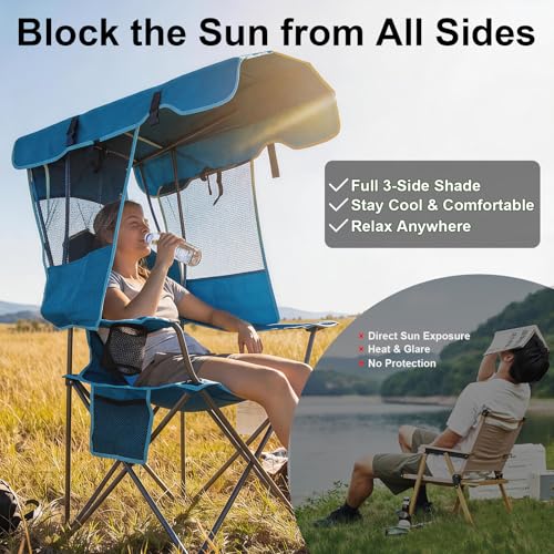 Image of Romswi Large Folding Canopy Camping Chairs for Adult 2 Pack, Portable Outdoor Chairs with Sunshade,Cup Holder & Side Pocket for Camping, Fishing, Beach, Backyard, Sea Blue