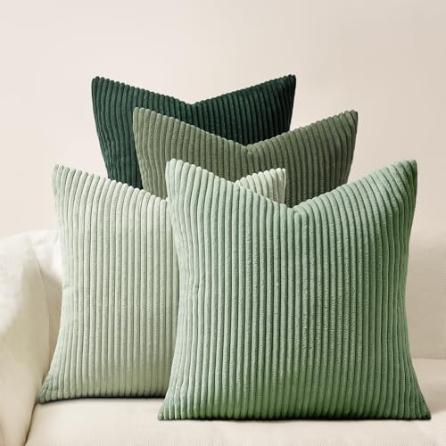 Image of Topfinel Light Green Decorative Throw Pillow Covers Green Series,Winter Fluffy Corduroy Striped Euro Pillows Shams for Couch Bed Bedroom,Western Modern Hunter Green Pillowcase 20x20 Inch Set of 4