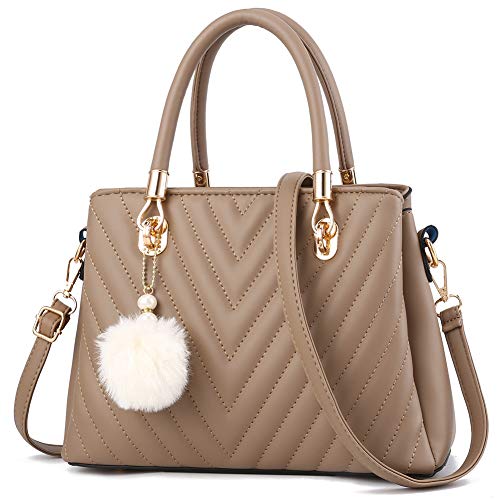 I IHAYNER Womens Fashion Leather Handbags Quilted Purses Top-handle Totes Satchel Bag for Ladies Shoulder Bag for Women with Pompom
