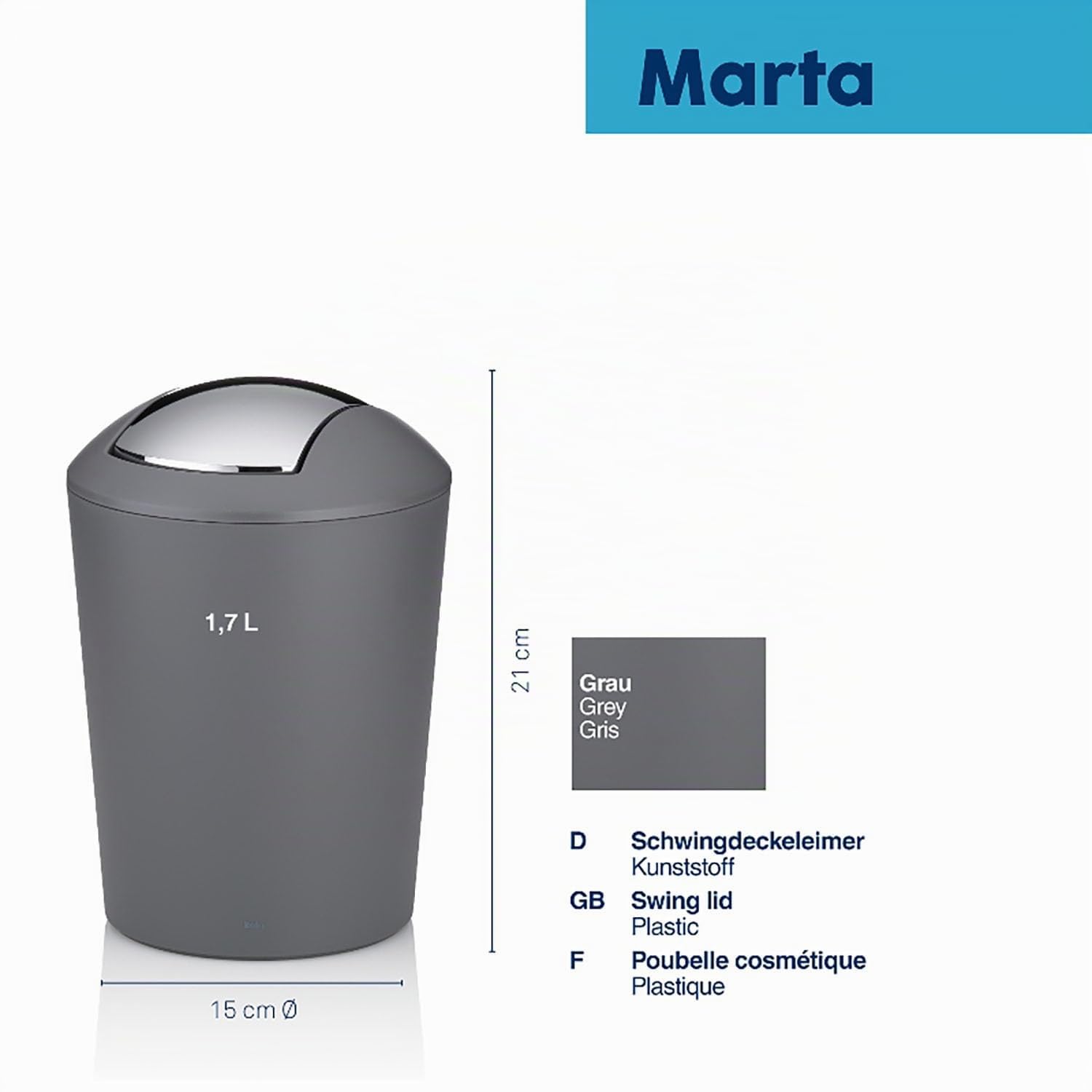 MARTA kela cestino per cosmetici grigio 1,7 l plastica con coperchio a molla