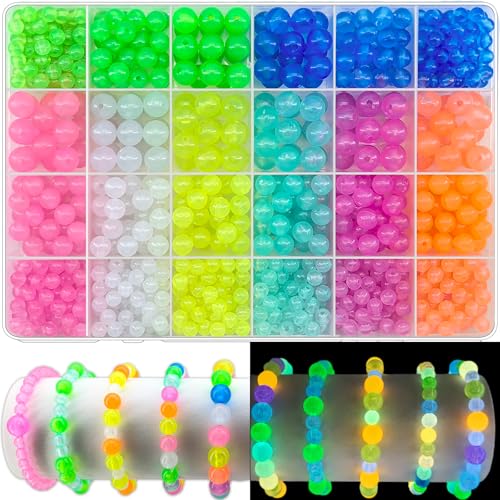 1016Pcs Glow in The Dark Round Beads 6mm 8mm 10mm Luminous Round Bead Acrylic UV Color Changing Bracelet Beads Sun Sensitive Plastic Glow Bead Bulk for Jewelry Making Bracelets Necklace